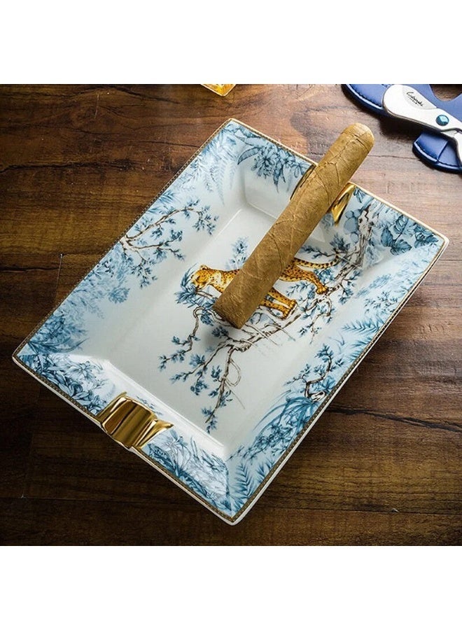 Lubinski Luxury Ceramic Cigar Ashtray for Two Slots Heat Resistant Square Tabletop Ash Tray White Cheetah Design for Office Home and Lounge - Image 2